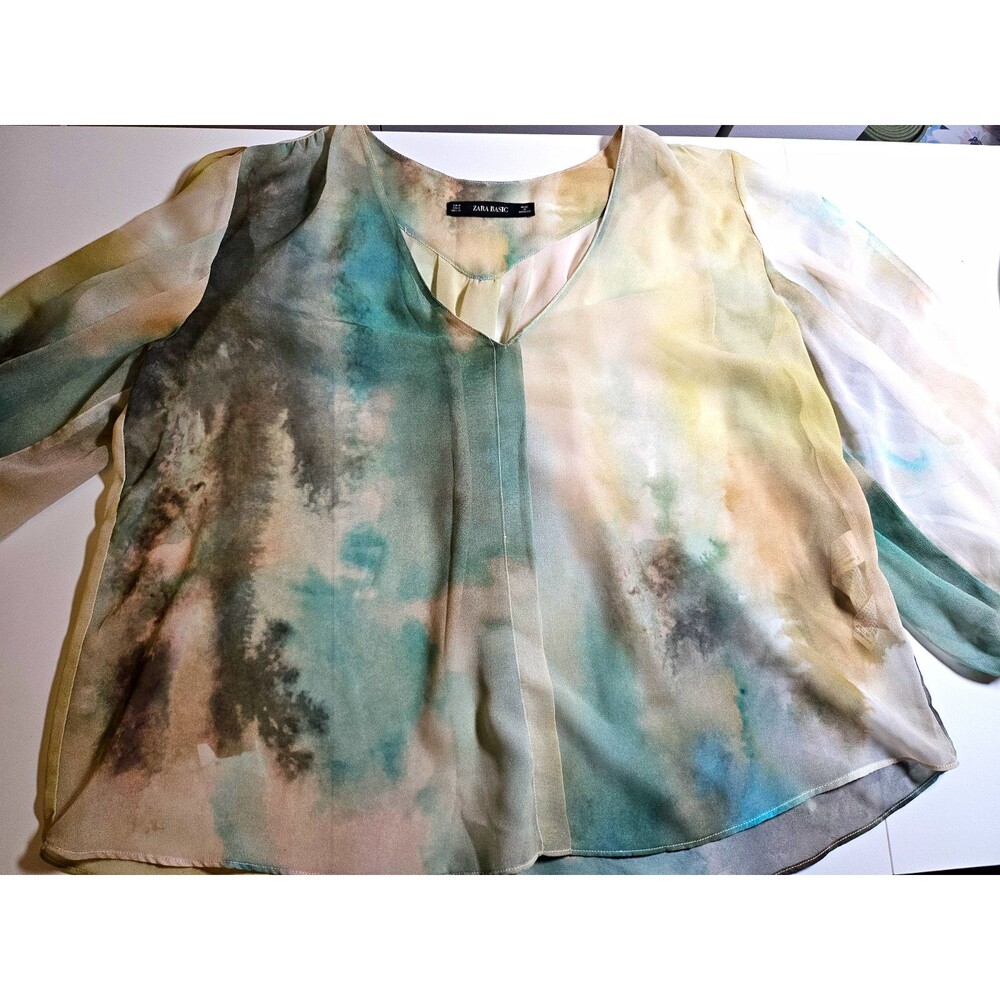 ZARA BASIC Women’s Sheer Lightweight Chiffon Abstract V-Neck Blouse Multicolor M